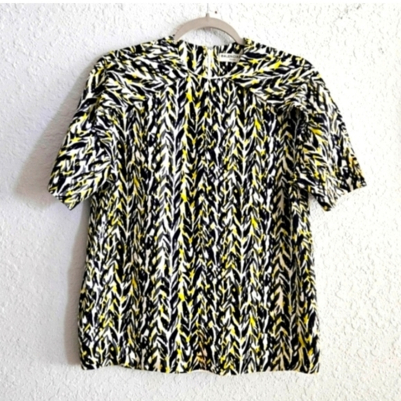 BALENCIAGA White Citron Black Print Structured Crew Neck Decorated Short Sleeve - Picture 1 of 16